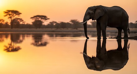A majestic African elephant stands at a tranquil watering hole during a golden sunset, its reflection perfectly mirrored in the calm water.