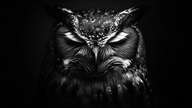 Close-up of an owl's face, black and white, intense gaze