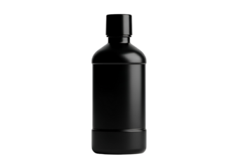 A glossy, dark black plastic bottle with a cap is displayed against a pure black background.
