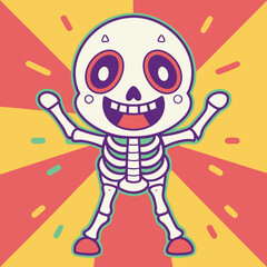 Happy Cartoon Skeleton, Day of the Dead Style, Vibrant Pop Art Background, Cheerful Halloween Illustration, Festive and Playful Design, Perfect for Kids' Projects.