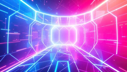 Vibrant neon light tunnel with geometric lines and glowing grid, representing futuristic data, digital concepts, and speed. Ideal for abstract backgrounds or technology themes.