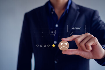  Unhappy Businessman Client with Sadness Emotion Face on virtual screen, Bad review, Customer...