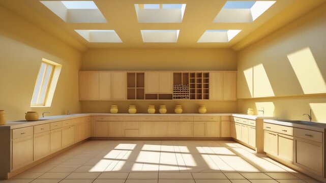 Spacious modern kitchen interior with skylights, natural sunlight, wooden cabinets, countertops, and minimalist design in warm tones