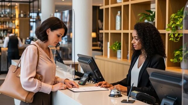 Guest Check-in: Professional Receptionist Assists Customer Signing Documents at Modern Hotel Desk