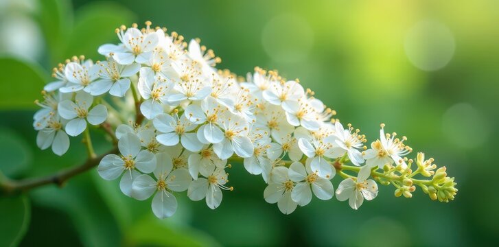 Delicate white bridal wreath spirea blossoms cluster densely , pretty, white