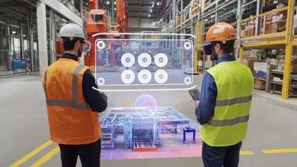 Factory workers using augmented reality to inspect machinery - Powered by Adobe