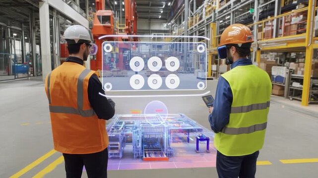 Factory workers using augmented reality to inspect machinery - Powered by Adobe
