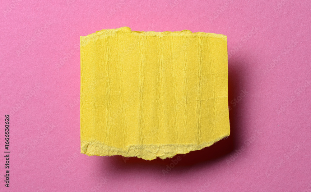 Poster one single yellow torn ripped wrinkled crumpled blank paper note with shadow and copy space for text