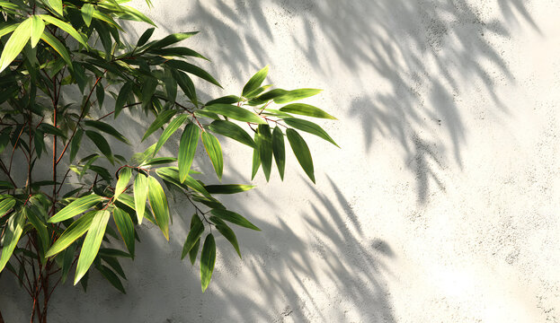3D Soft beautiful dappled light of tropical bamboo tee foliage in sunlight, lef shadow on blank white cocrete wall with space backround for luxury summer, nture, organic product dispay backdrop