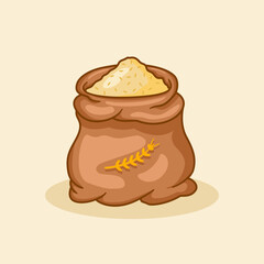 Wheat in a sack is designed in a flat cartoon style, isolated on yellow background. Wheat seeds. Triticum aestivum L.