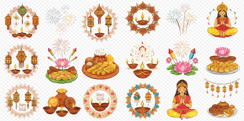 A vibrant collection of illustrated icons for the Diwali festival, featuring diyas, lanterns, sweets, fireworks, and the goddess Lakshmi.