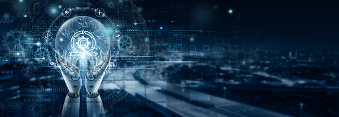 Hand of robot holding an agile icon on global network connection, iterative development, adaptive project management, rapid delivery cycles, digital teamwork, continuous improvement strategies