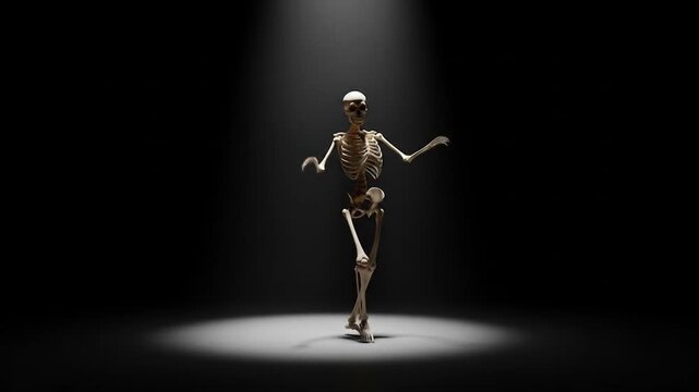 Skeleton dancing in spotlight dark background