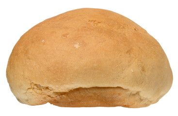 One fresh round bread bun, golden brown color, isolated on background