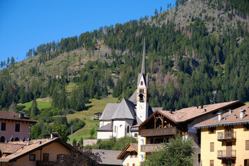 View of city of Moena in the Dolomites, Italy