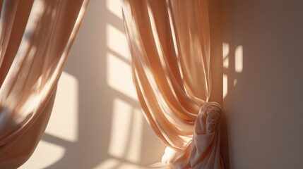 Beige curtain tied in soft knot with sunlight streaming through and plant shadows dancing on the wall, evoking serene minimalist home design, cozy light concepts, and natural mood interiors