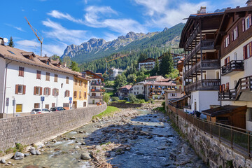 View of city of Moena in the Dolomites, Italy