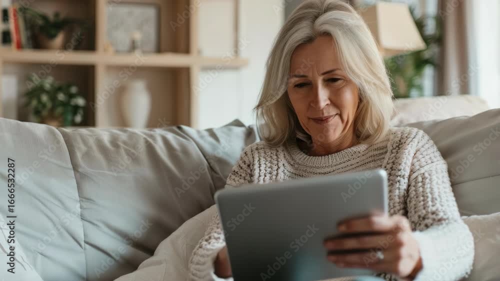 Poster elderly lady smiling while using a tablet, capturing the moment of joy and connection through modern