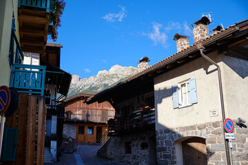View of city of Moena in the Dolomites, Italy