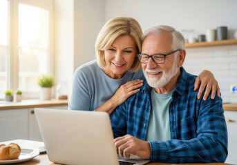 Happy senior couple using a laptop together in a bright kitchen