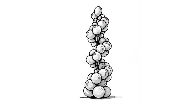 Monochrome spiral column of abstract balloons in sketch style on white background
