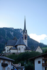 View of city of Moena in the Dolomites, Italy