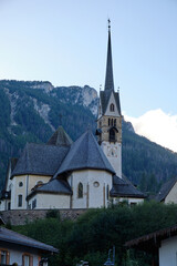 View of city of Moena in the Dolomites, Italy