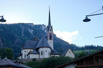 View of city of Moena in the Dolomites, Italy