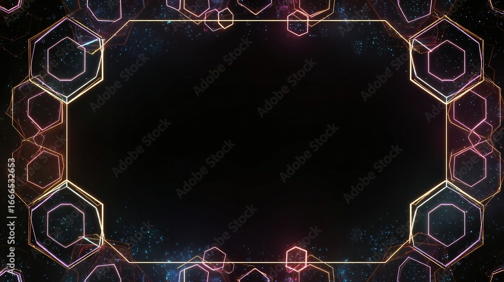 Poster a geometric hexagon frame design with glowing lines and light particles creates a modern, abstract b