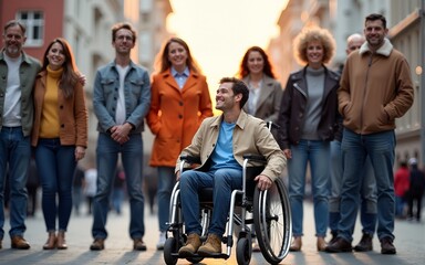 World disability day. Disabled people standing together. High quality