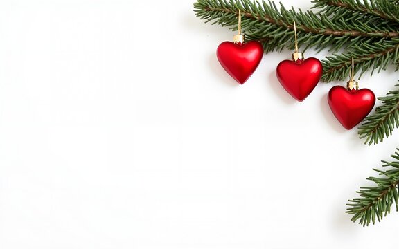 Red heart decorations on pine branch, banner with white background and space for text. Love, Christmas, New Year concept. Christmas holidays mood. Atmospheric still life. High quality - Powered by Adobe