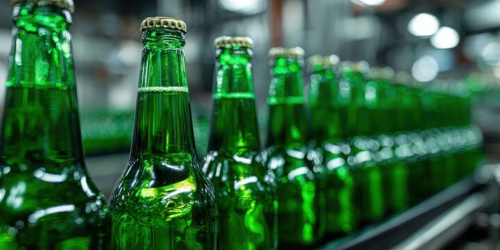 Beer Bottling plant. Green Beer Bottles in rows. Bottling process in modern factory. Capped Glass Beer Bottles ready for distribution in a brewery. Manufacturing. Production of beer in a glass bottle.