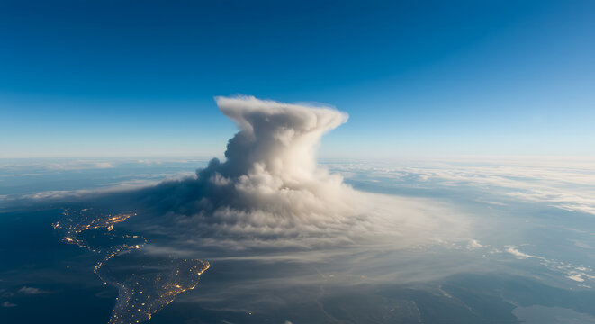  Majestic Cloud Formation: An awe-inspiring aerial perspective showcases a massive cloud formation dominating the skyline, portraying the raw power and beauty of atmospheric phenomena. 