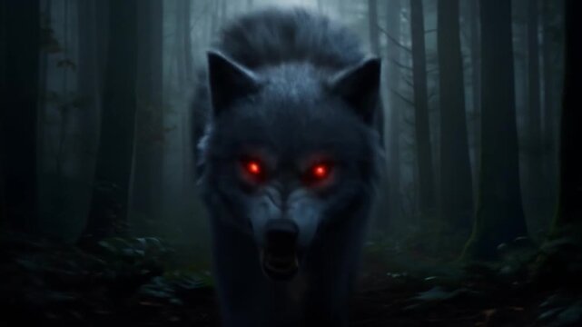 Creepy black wolf with glowing red eyes emerging from haunted dark forest creating a horror atmosphere