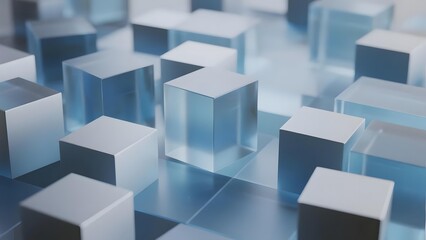 Obraz premium Abstract arrangement of translucent blue cubes on a reflective surface
