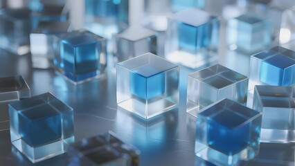 Fototapeta premium Array of Transparent Blue Cubes on Reflective Surface