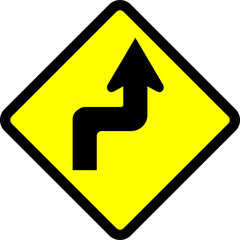 Indonesian Road Sign : Double Sharp Turn Warning with First Right Turn Sign
