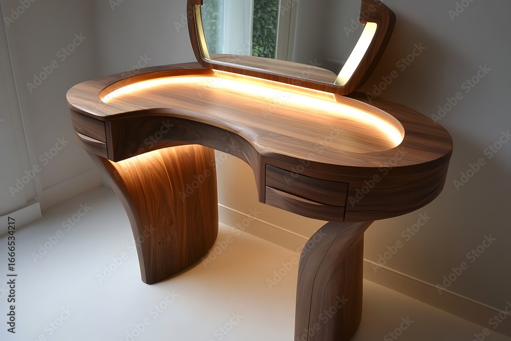Poster curved-edge walnut dressing table with a smooth natural wood finish, integrated hidden drawers, and 