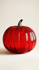 Shiny red glass pumpkin with smooth stem on neutral background