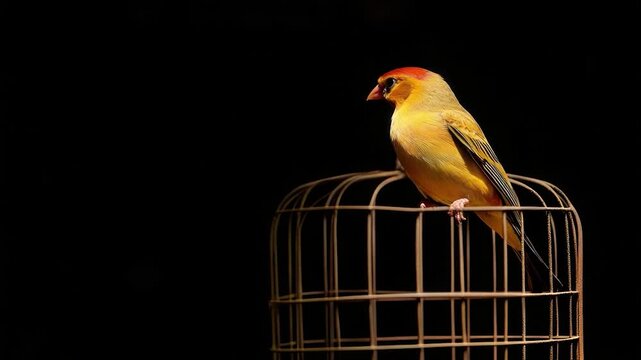 Colorful bird in a rusty wire cage