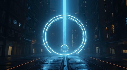 circular energy portal or ring in the middle of a dark futuristic city street emitting ray