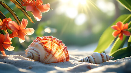 Collection of seashells and vibrant orange plumeria flowers resting on a sun-kissed sandy beach surrounded by green leaves with bright bokeh.