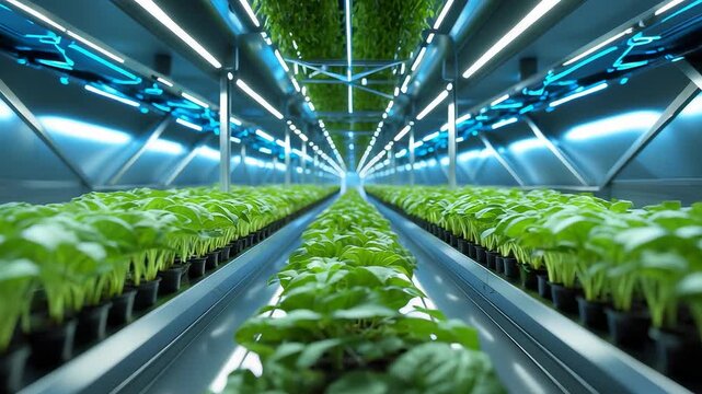 Advanced indoor vertical farm with rows of fresh green plants growing under modern LED lighting system in a high tech agricultural facility