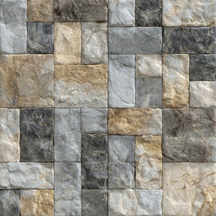 Fototapeta premium Rustic stacked stone wall cladding with rough, natural-cut rectangular blocks in earthy grey and beige tones, a seamless texture for exterior facades or interior accent walls. 