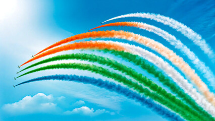 Colorful airplane contrails forming a vibrant Indian flag against a bright blue sky