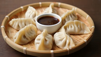 Delicious Steamed Dumplings with Soy Sauce in Bamboo Steamer, Asian Cuisine, Food Photography