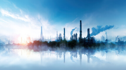 Naklejka premium Industrial factory plant with smoke and fog under blue sky