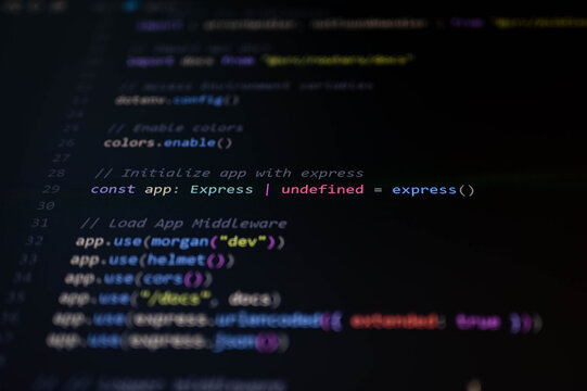 Macro shot of JavaScript backend code highlighting Express app initialization and middleware configuration for secure and structured API development. - Powered by Adobe