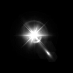 Flash, light, lens, starlight, white glow in galaxy night. PNG sparkles in Overlay with transparent brilliance. Cosmic beam PNG perfect for fantasy party, universe spotlight, spiral star magic