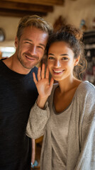 Fototapeta premium Happy young couple smiling and communicating with sign language